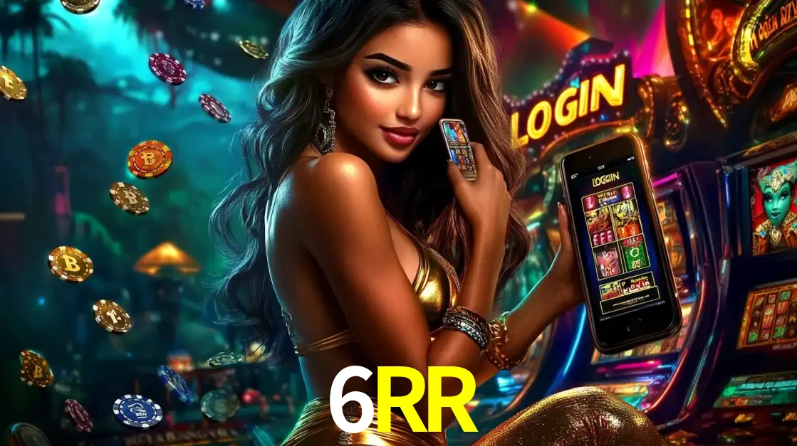 Mulher em um cenário de cassino temático de aventura, mostrando o app de caça-níqueis da 6RR no celular. Fichas de apostas flutuam ao redor.