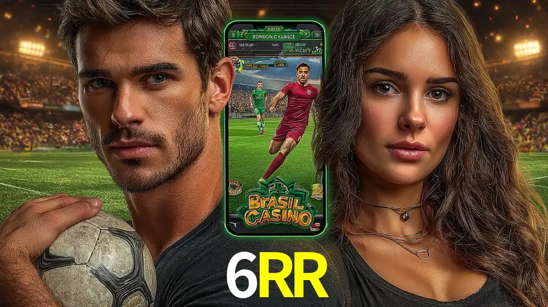 Homem segurando uma bola de futebol e uma mulher ao lado de um smartphone exibindo o jogo de apostas esportivas da 6RR. Faça seu palpite no cassino online.